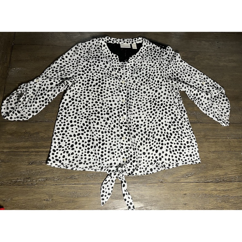 Chico's Polka Dot Tie Front Button Up Blouse 3/4 Sleeve Lace Front Sz 0 Sm H42